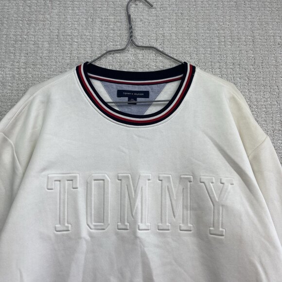Y2K Tommy Hilfiger Sweatshirt Crew Neck Mens XXL White Embossed Spell Out Read - Picture 2 of 16